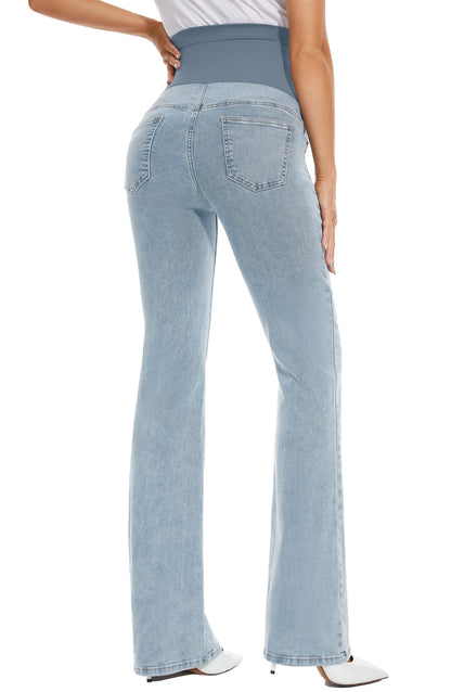 GLAMIX Women's Stretch Maternity Bootcut Jeans with Pockets Over The Belly Bell Bottoms Flare Denim Pants Pregnancy Clothes