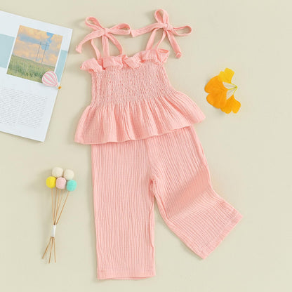 VISGOGO Infant Baby Toddler Girls Clothes Solid Color Sleeveless Camisole Linen Pants Set Baby Summer Outfits