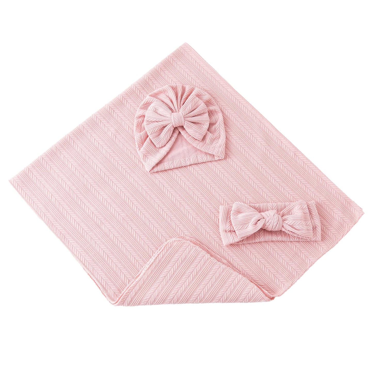 Jastore Baby Infant Swaddle Blankets for Girls 3PCS Newborn Accessories Set with Matching Hat and Bow Headband (Pale Pink, 33"*35")