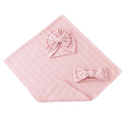 Jastore Baby Infant Swaddle Blankets for Girls 3PCS Newborn Accessories Set with Matching Hat and Bow Headband (Pale Pink, 33"*35")