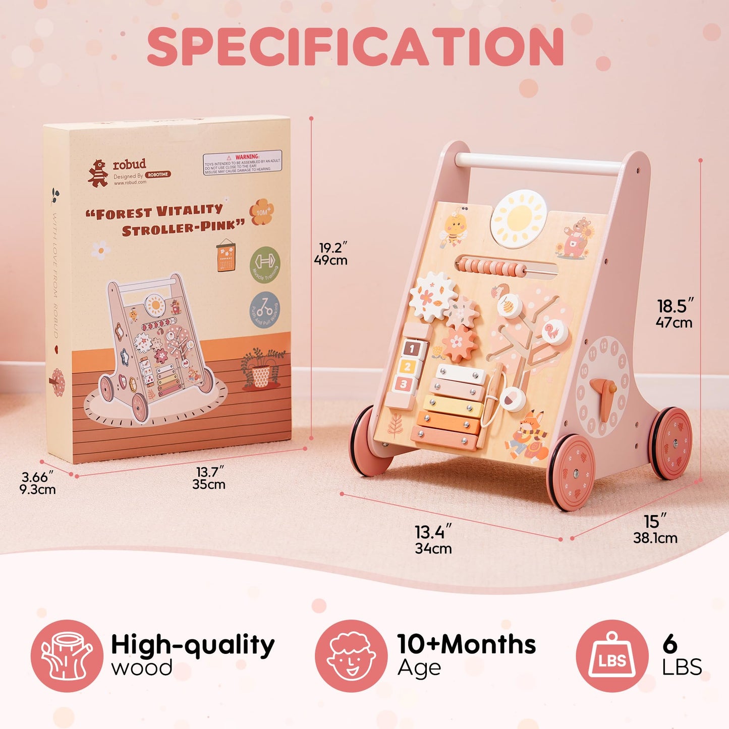ROBUD Wooden Baby Walker, Baby Push Walker with Activity Center and Storage, Montessori Walker Toy for Boys and Girls Learning to Stand and Walk, Pink