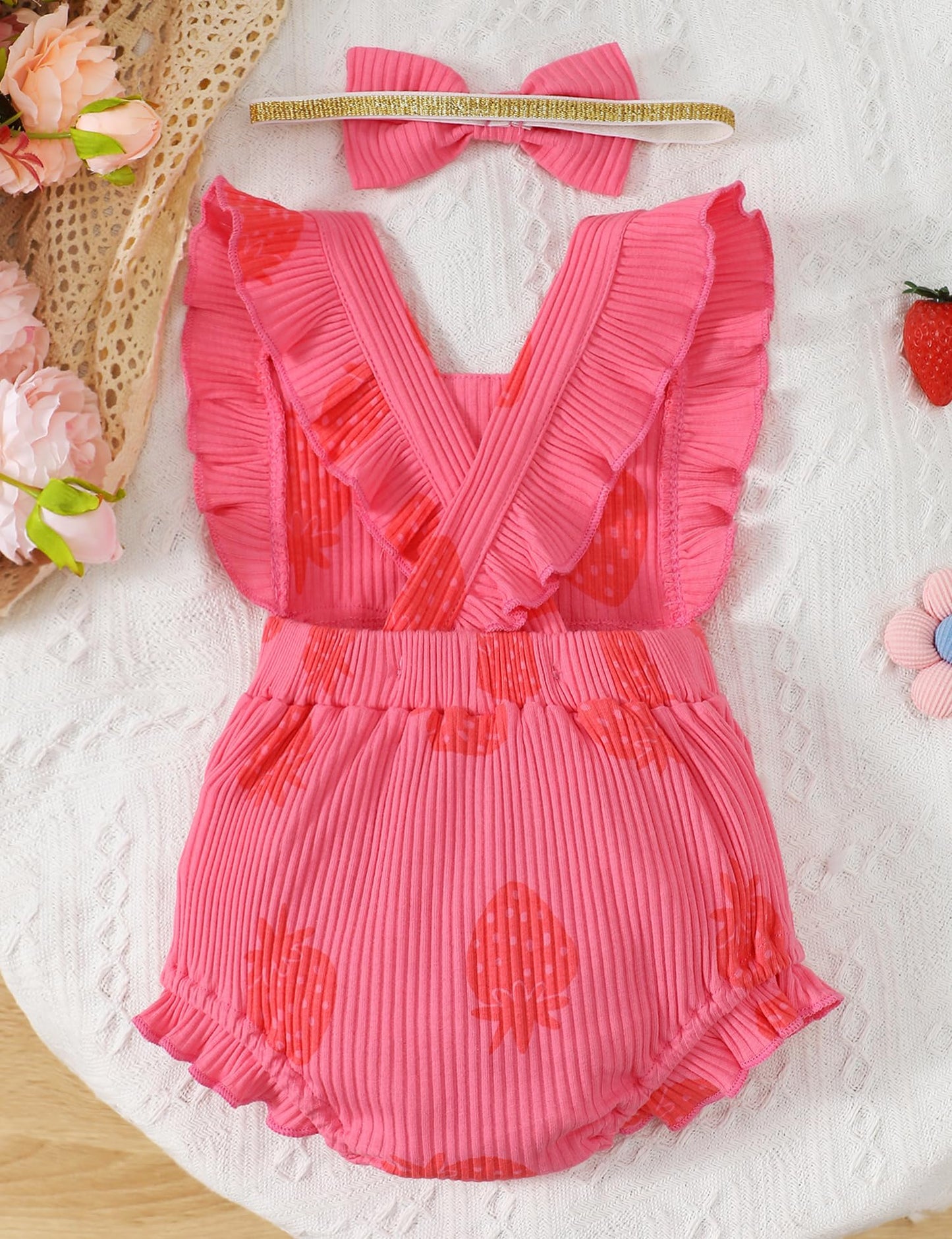 Fullfamous Baby Girl Ruffled Jumpsuit and Headband Set
