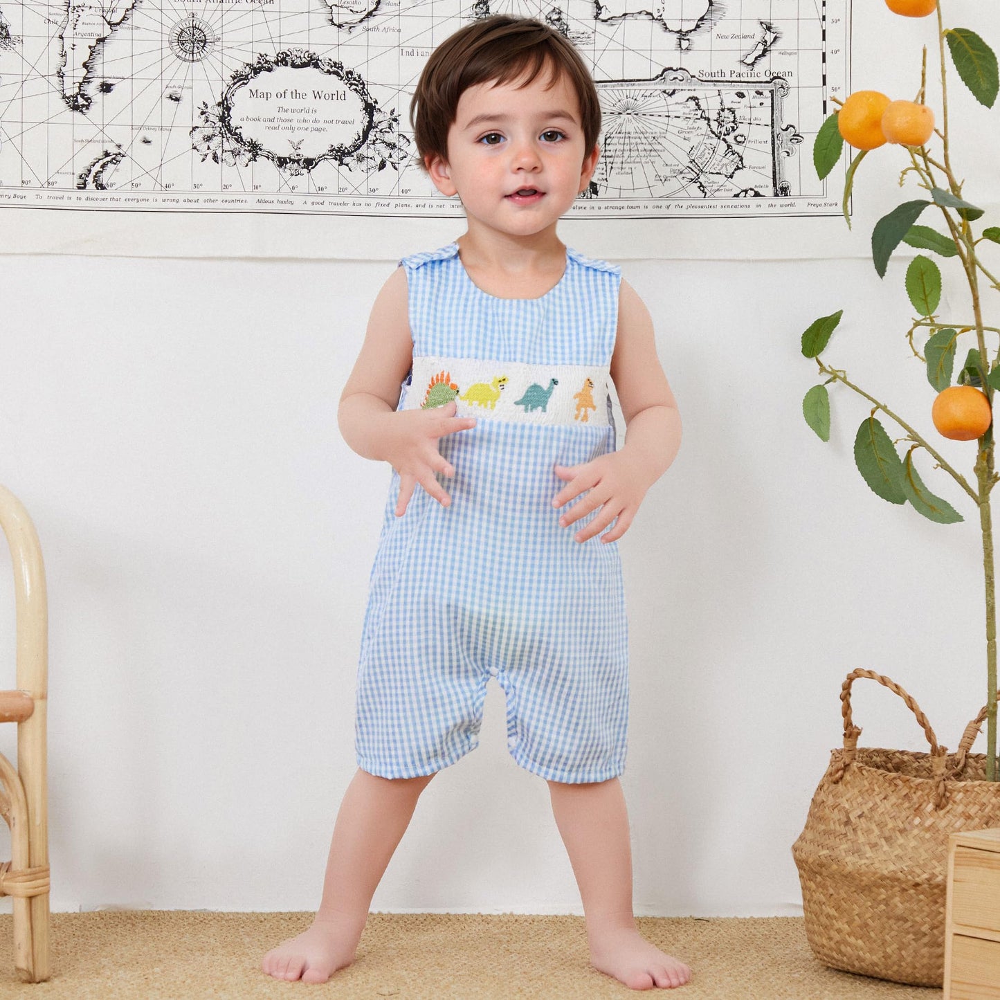 Baby Boy Summer Clothes Sleeveless Embroidery Dinosaur Striped Retro Romper Jumpsuit Smocked Shortall