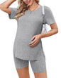 Ekouaer Maternity Sets 2 Piece Outfits Ribbed Knit Short Sleeve Shirts and Biker Shorts Pregnancy Loungewear Mama Clothes