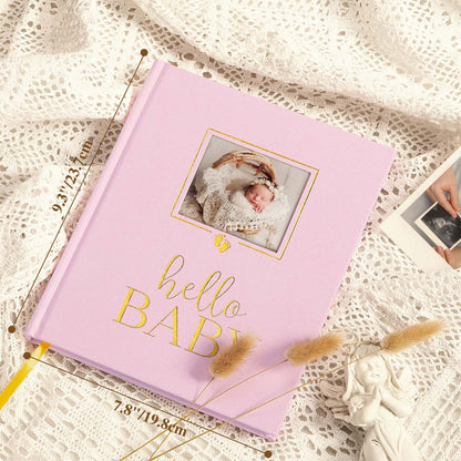 Lanpn Hello Baby Memory Book, Newborn First 5 Year Keepsake with DIY Window, Linen Baby Book Memories Journal Scrapbook Photo Book, Baby Milestone Album for Boy Girl New Parents (Beige, 154 Pages)