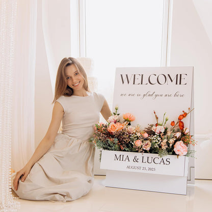 Personalized Event Welcome Sign | Personalized Wedding Welcome Sign with Flower Box – Custom Wooden Sign for Wedding, Baby or Bridal Shower, Rustic Floral Welcome Decor | Wooden Wedding Welcome Sign