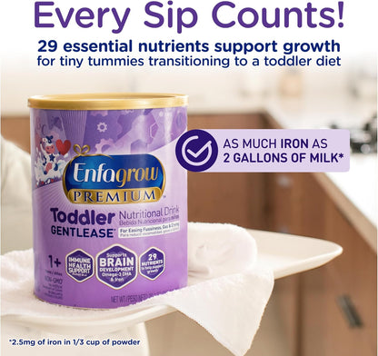 Enfagrow PREMIUM Gentlease Toddler Nutritional Drink, Made with Real Milk, Designed to Ease Fussiness, Gas & Crying, Brain-Building Omega-3, Nutrients for Growth & Immune Support, Powder Can, 29.1 Oz