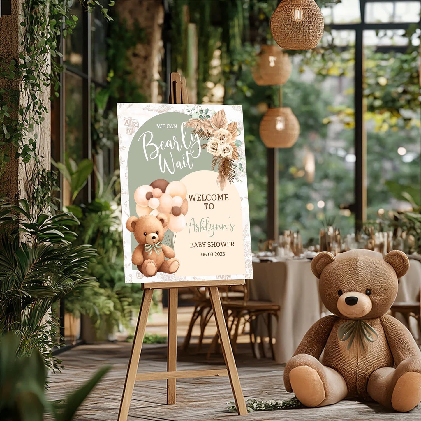 Personalized We Can Bearly Wait Baby Shower Welcome Sign, Welcome to Baby Shower Sign - Teddy Bear & Balloon Theme Décor #5