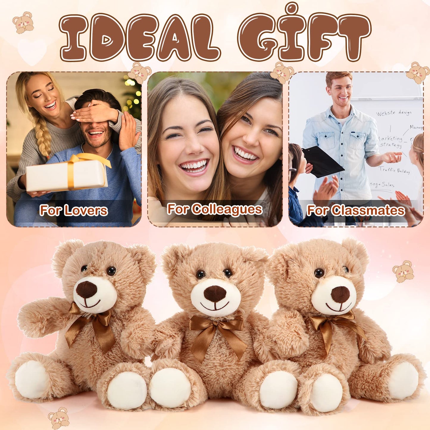 HyDren 6 Pcs Bear Stuffed Animal Plush Toys Soft Plush Dolls Bear Sleeping and Playing Toys for Baby Shower Decoration Boy(Fuzzy Style,Brown)