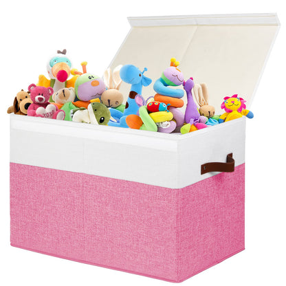 Large Toy Storage Box with Lid, Sturdy Toys Storage Chest Bin Organizer Basket with Dividers for Kids, Boys, Girls, Nursery, Closet, Bedroom, Playroom 25"x13" x16" (Beige and White)