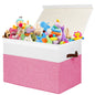 Large Toy Storage Box with Lid, Sturdy Toys Storage Chest Bin Organizer Basket with Dividers for Kids, Boys, Girls, Nursery, Closet, Bedroom, Playroom 25"x13" x16" (Beige and White)