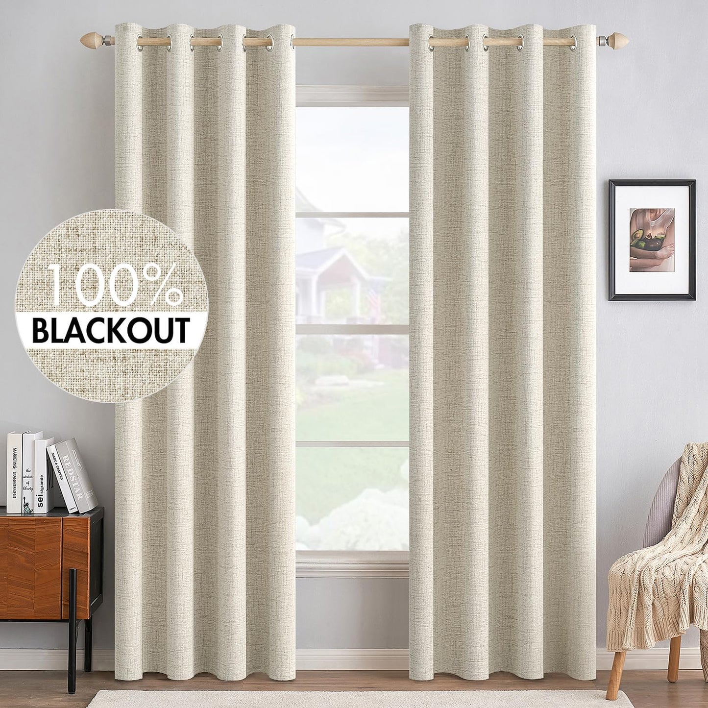MIULEE 100% Blackout Linen Textured Curtains for Bedroom Solid Thermal Insulated Natural Beige Grommet Room Darkening Curtains & Drapes Luxury Decor for Living Room Nursery 52 x 84 Inch (2 Panels)