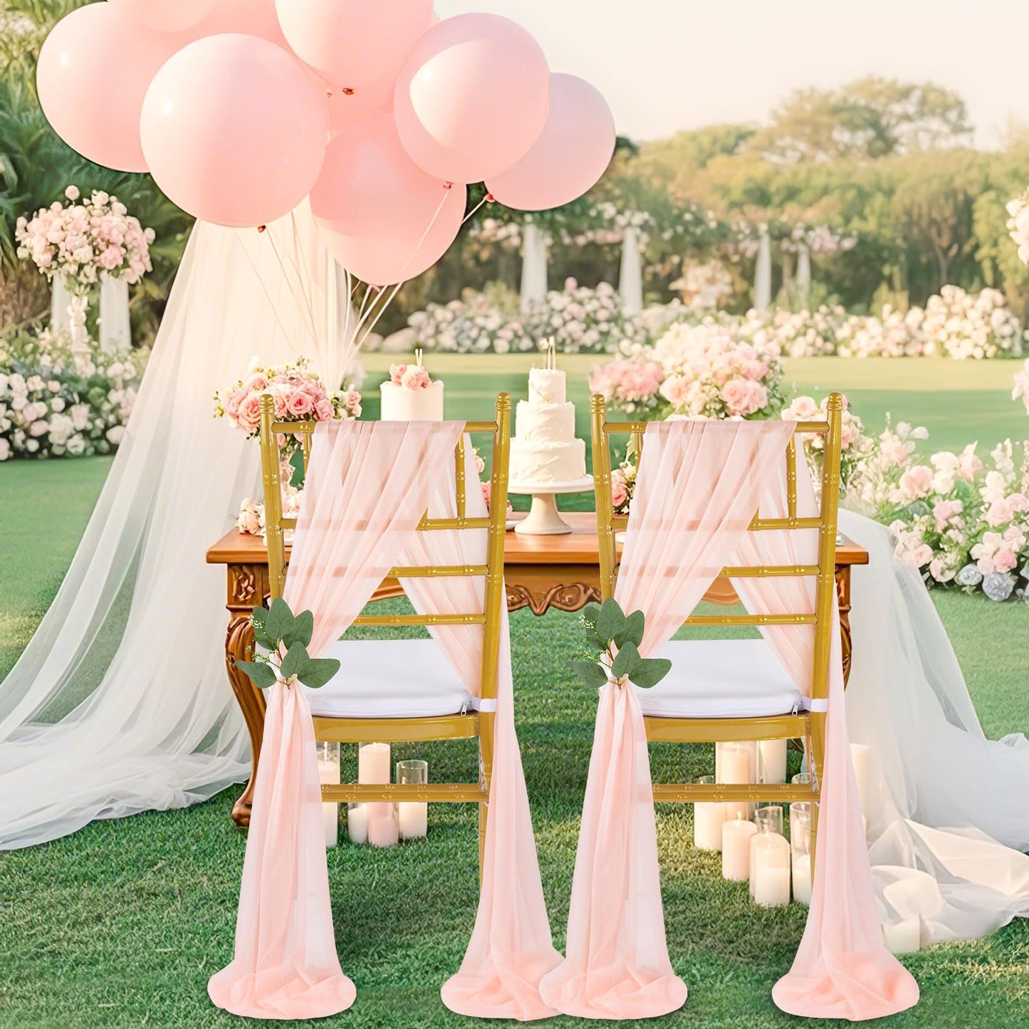 QueenDream Light Blue Sashes Chair Aisle Decorations: 24 Pack Baby Shower Chair Cover 8FT Long Tulle Draping Fabric Wedding Reception Church