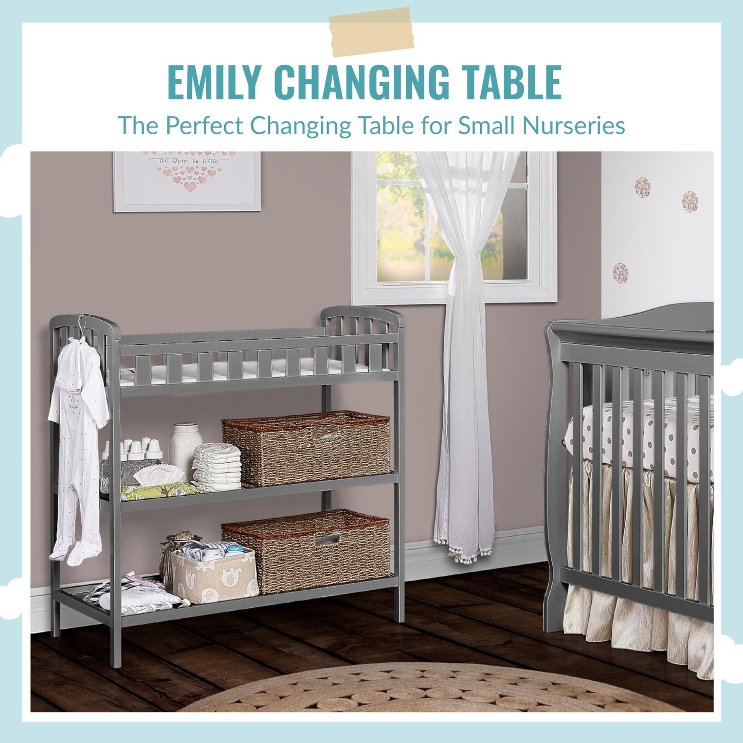 Dream On Me Emily Changing Table In Natural, Comes With 1" Changing Pad, Features Two Shelves, Portable Changing Station, Made Of Sustainable New Zealand Pinewood