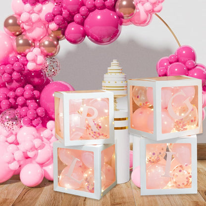 Uptotop Baby Shower Balloon Box Decorations, 4 Pcs Baby Blocks Transparent Balloon Boxes with Letters, Fairy String Lights and 36 Pcs Latex Balloons for Decor, Pink