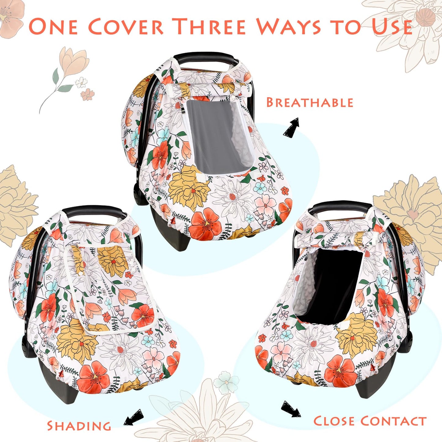 Pea Pod Car Seat Cover Baby, Infant Car Seat Canopy Covers for Newborn with 2 Layers Windows of Breathable Mesh Fabric, Lightweight Polyester/Soft Minky Dot Backing (Floral & Rainbow)