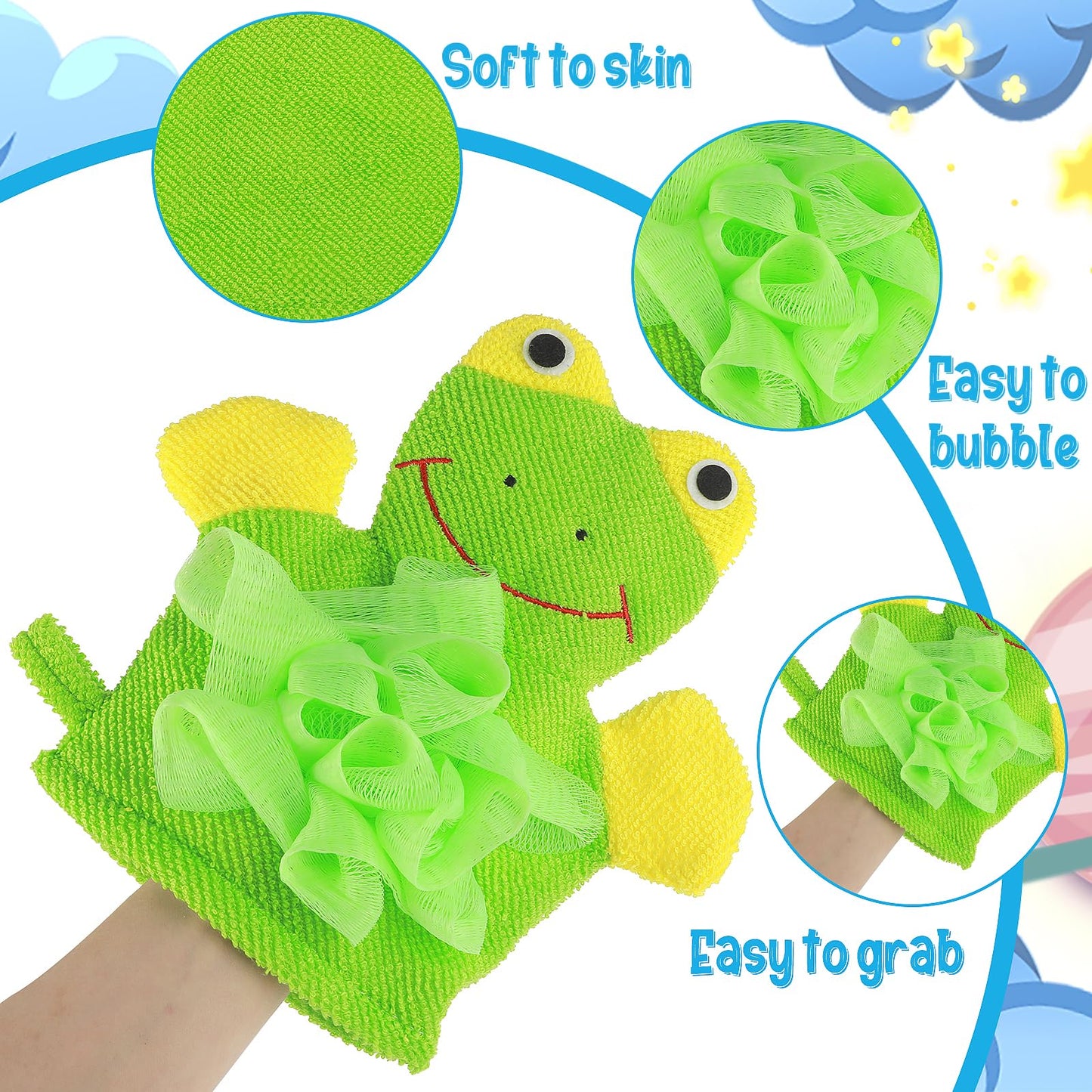 2 Pcs Bath Mitt Washcloths Gloves, Cute Cartoon Exfoliating Glove Body Scrubber, Gentle Soft Scrub Bath Loofahs Sponges for Kids Shower Washing (Pink Rabbit and Yellow Duck)