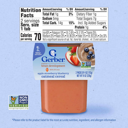 Gerber Stage 2 Baby Food, Apple Strawberry Blueberry Oatmeal Cereal Tubs, Iron Helps Support Brain Development, No Artificial Flavors, Baby Cereal, 2-Pack