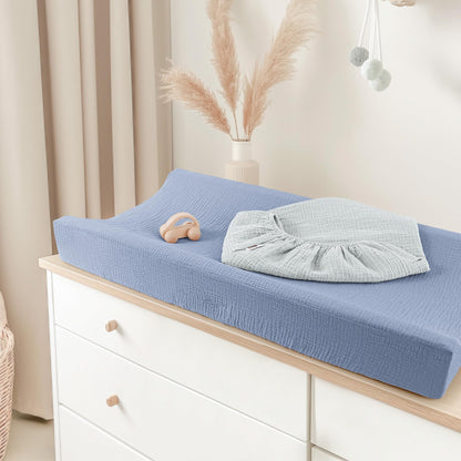 Bearmoss Changing Pad Cover, 2 Pack Muslin [100% Cotton] Diaper Changing Table Covers, 32'' x 16'' Soft Breathable Changing Pad Sheets for Unisex Baby Girls and Boys with Strap Holes (Bluemoon)