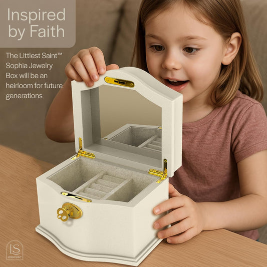 Littlest Saint- Baptism Gifts for Girl | First Communion Gifts for Girls-Keepsake Jewelry Box with Gift-Ready Bundle | Christian-Themed Baptism Jewelry Organizer with Gift Bag, Card, & Tissue