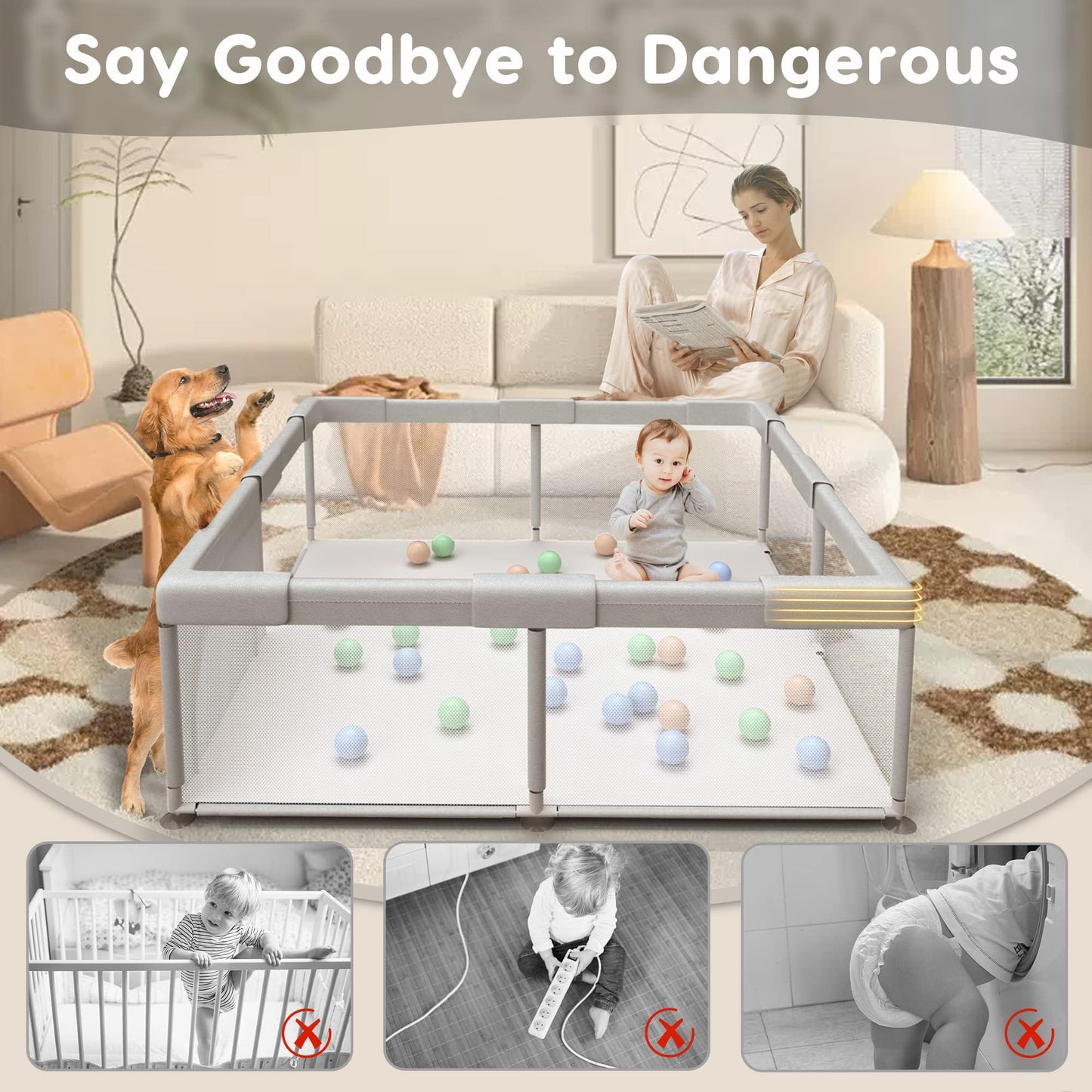 Baby Playpen 50x50 Inch, Play Pens for Babies and Toddlers Baby Fence Baby Play Yards for Indoor & Outdoor with Breathable Mesh Anti-Fall Playpen