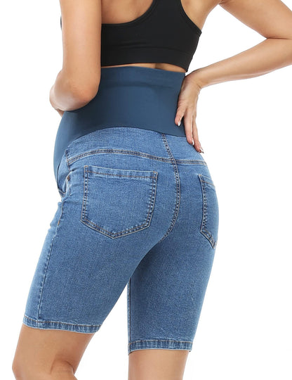 HOFISH Women's Maternity Jeans Shorts Over The Belly Stretchy Comfy Denim Shorts Pants Casual Workout Pregnancy Shorts