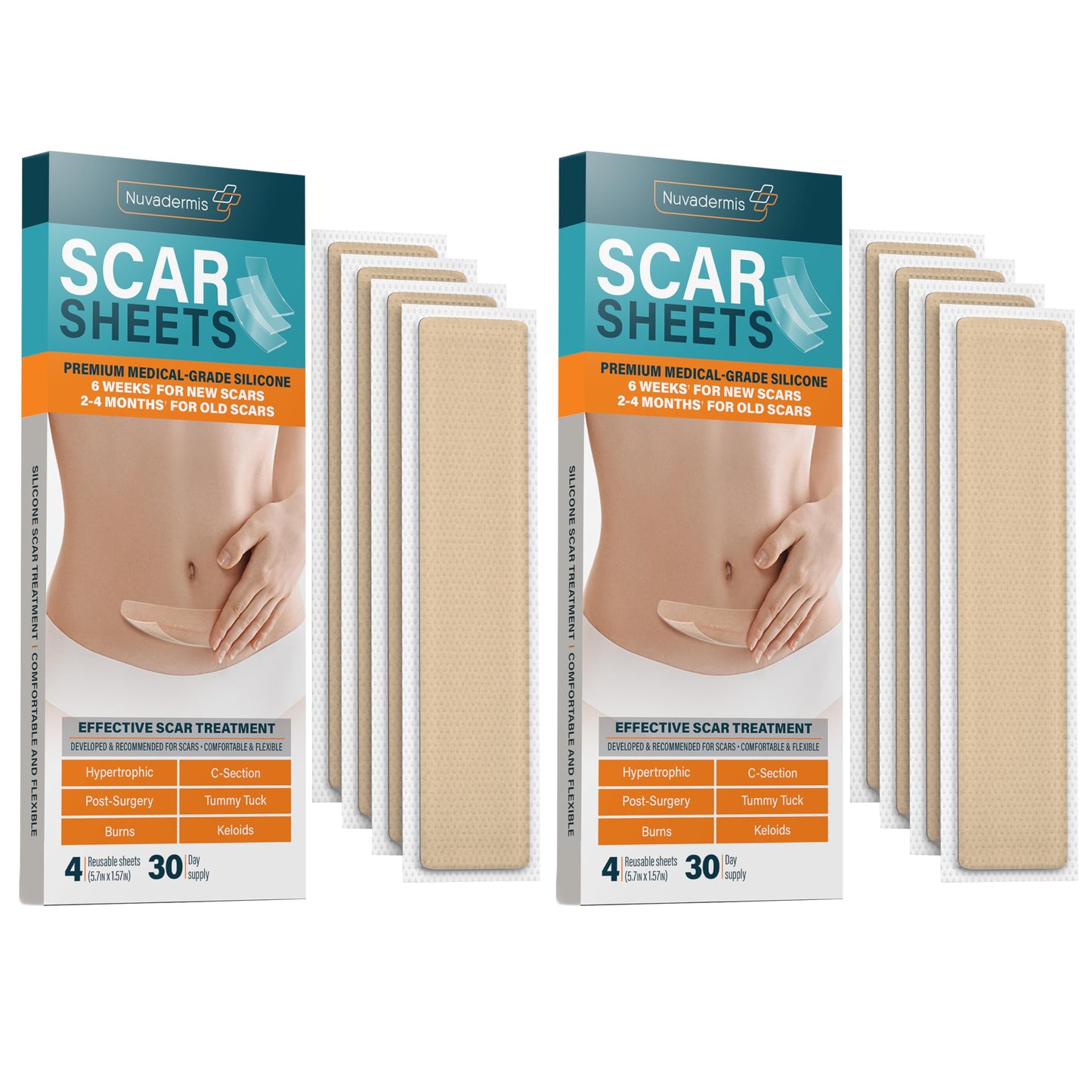 NUVADERMIS Silicone Scar Sheets - Extra Long Scar Sheets for C-Section, Tummy Tuck, Keloid, and Surgical Scars - Reusable Medical Grade Silicone Scar Sheets - Pack of 4 - Light Tone