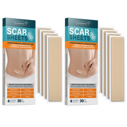 NUVADERMIS Silicone Scar Sheets - Extra Long Scar Sheets for C-Section, Tummy Tuck, Keloid, and Surgical Scars - Reusable Medical Grade Silicone Scar Sheets - Pack of 4 - Light Tone