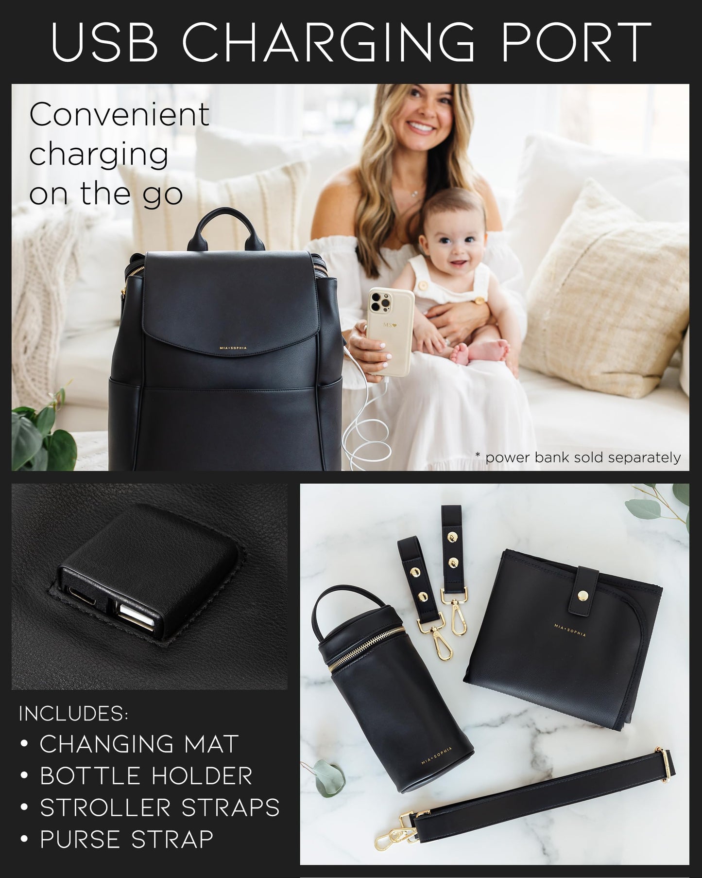 Leather Diaper Bag Backpack with USB Charging port, Changing Pad, Stroller Straps, and Bottle Holder (Brown Olivia)