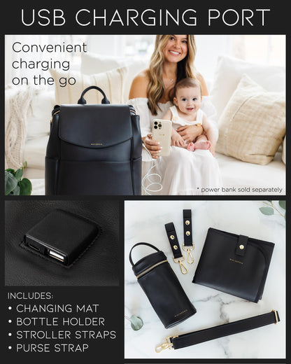 Leather Diaper Bag Backpack with USB Charging port, Changing Pad, Stroller Straps, and Bottle Holder (Brown Olivia)
