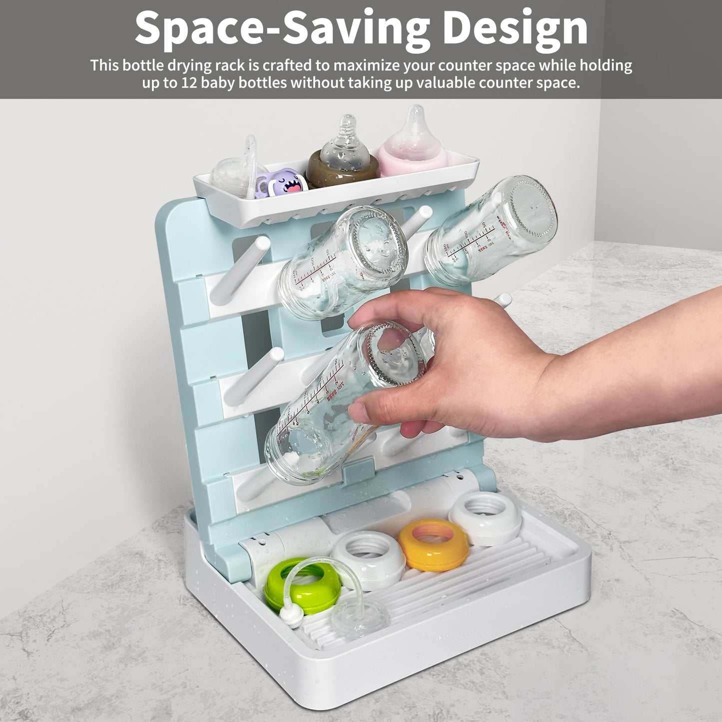 Baby Bottle Drying Rack, Vertical Standing Bottle Dryer Rack Holder-Space Saving Baby Bottle Drying Rack for Countertop-Holds Up to 12 Baby Bottles & Cup(Gray & Khaki)