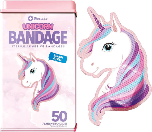 BioSwiss Bandages, Unicorn Shaped Self Adhesive Bandage, Latex Free Sterile Wound Care, Fun First Aid Kit Supplies for Kids, 50 Count