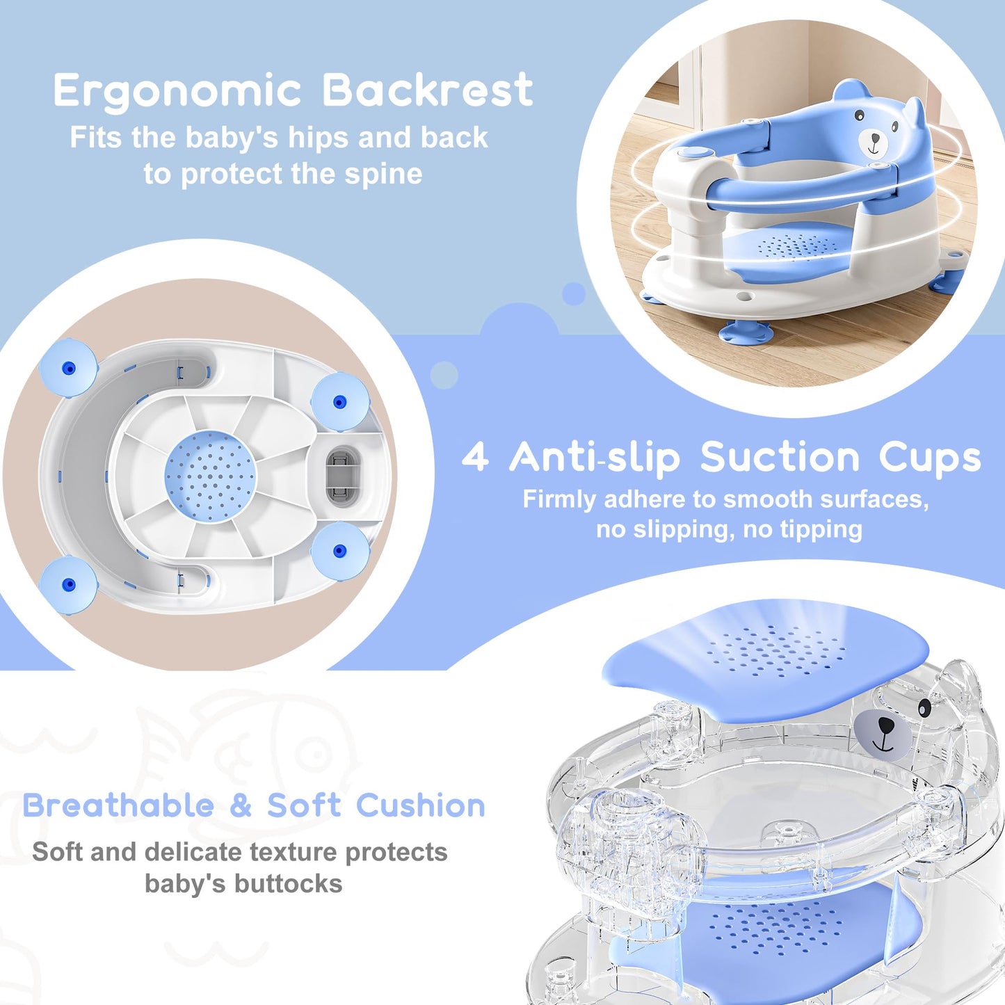 Baby Bath Seat for Babies 6 Months & Up, Toddler Bath Seats for Babies Sitting Up, Non-Slip Infant Bath Tub Chair with 4 Suction Cups & Soft Cushion for Shower, Compact Toddler Bathtub Seat, Pink