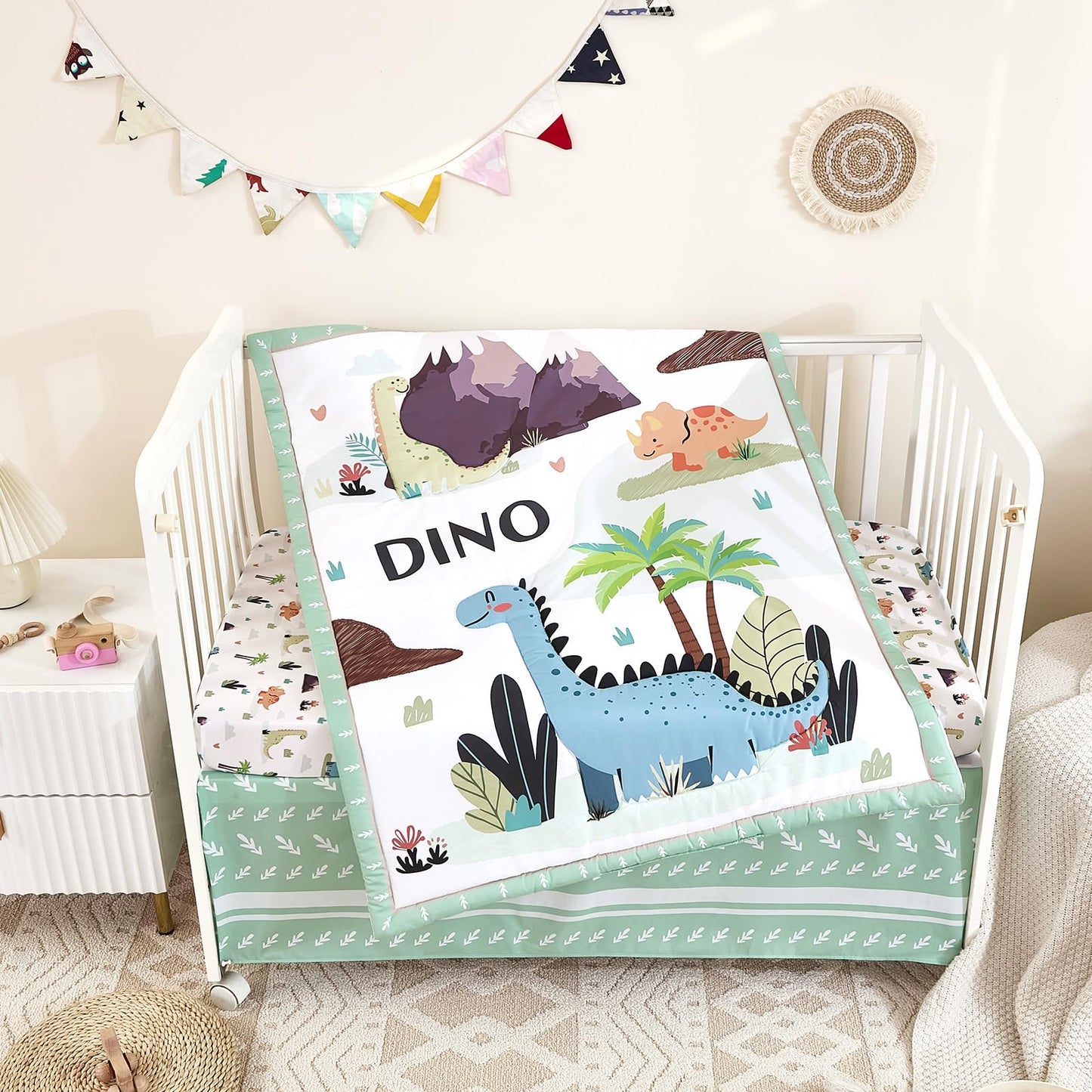 3-Piece Crib Sets for Boys - Ultra Soft Baby Boy Crib Bedding Set Includes Crib Comforter, Sheet & Skirt (Dinosaur)