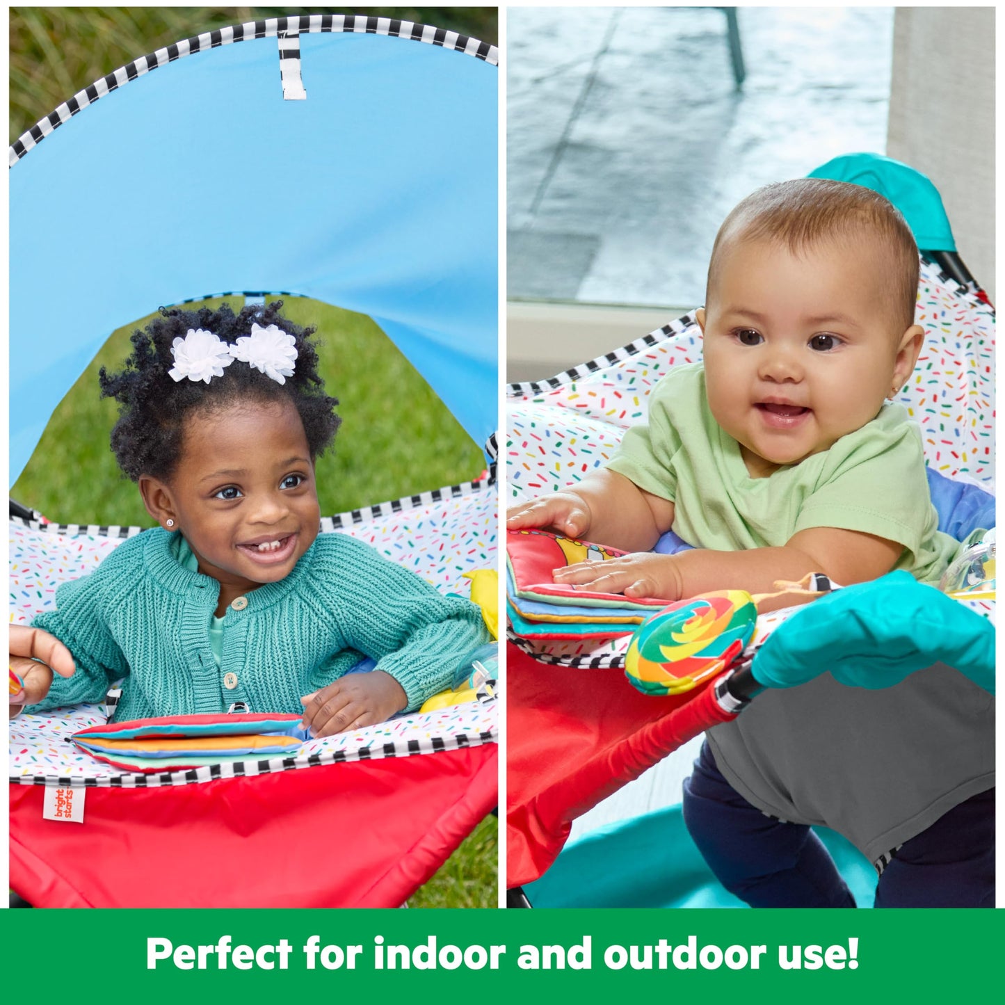 Bright Starts Pop 'N Jump Portable Activity Jumper, Indoor/Outdoor Use, Owl Forest with 4 Sensory Toys, Ages 6-12 Months