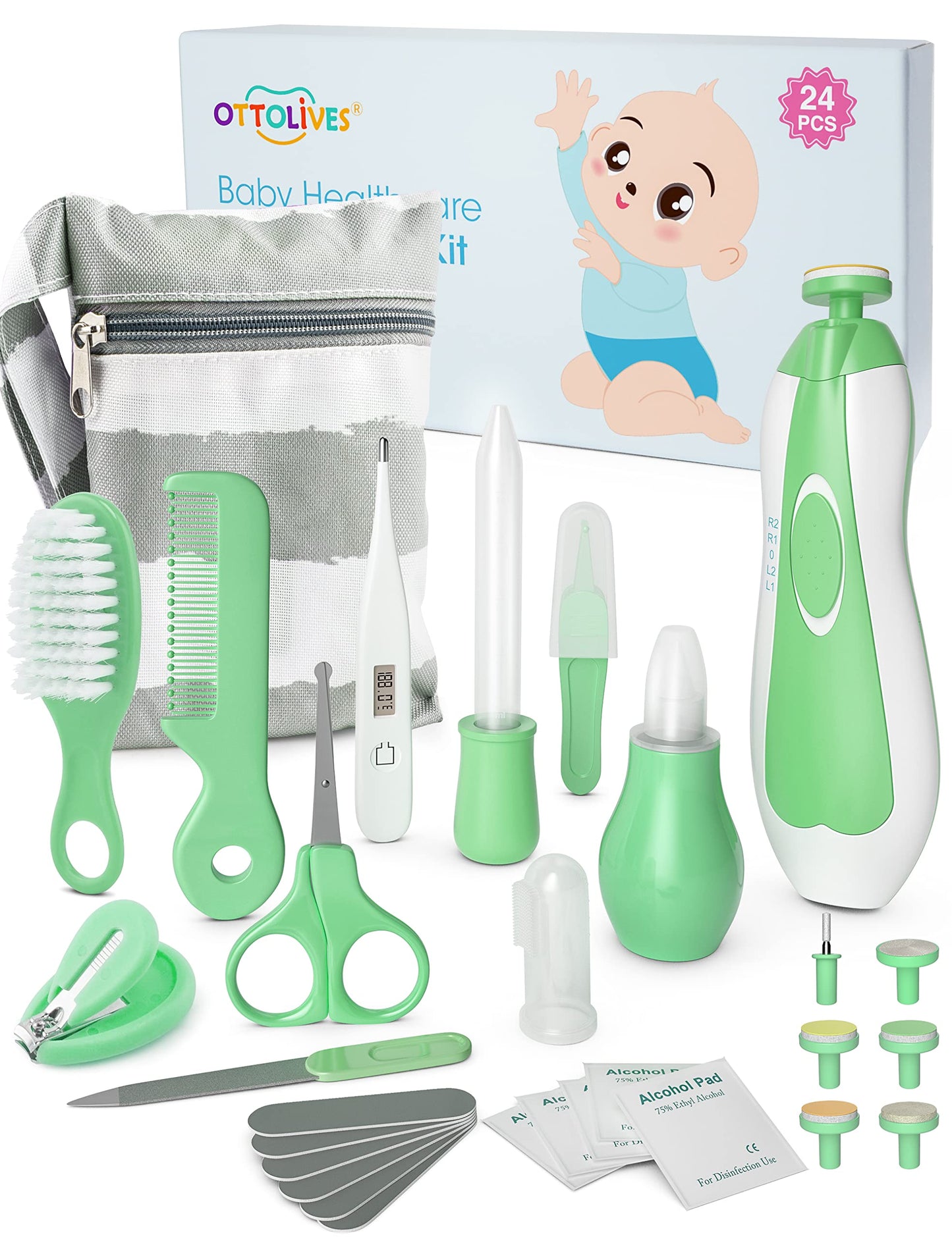OTTOLIVES Baby Healthcare and Grooming Kit, 24 in 1 Baby Electric Nail Trimmer Set Newborn Nursery Health Care Set for Newborn Infant Toddlers Baby Boys Girls Kids (0-3 Years+) (Green)