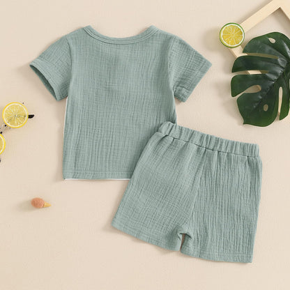 fhutpw Baby Boy Summer Outfits Henley Shirt Soft Pocket Short Sleeve Tops & Shorts Sets Infant 3 6 12 18 Months 2T Clothes
