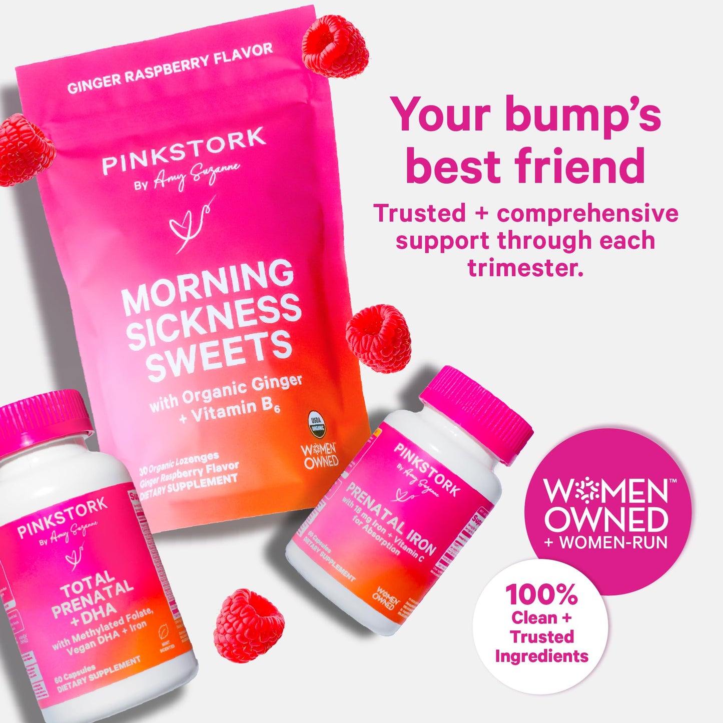 Pink Stork Morning Sickness Sweets, Organic Raspberry Ginger Candy with Vitamin B6, Support for Motion Sickness, Prenatal Heartburn - Pregnancy Must Haves - 30 Wrapped Drops