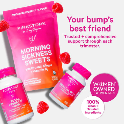 Pink Stork Morning Sickness Sweets, Organic Raspberry Ginger Candy with Vitamin B6, Support for Motion Sickness, Prenatal Heartburn - Pregnancy Must Haves - 30 Wrapped Drops
