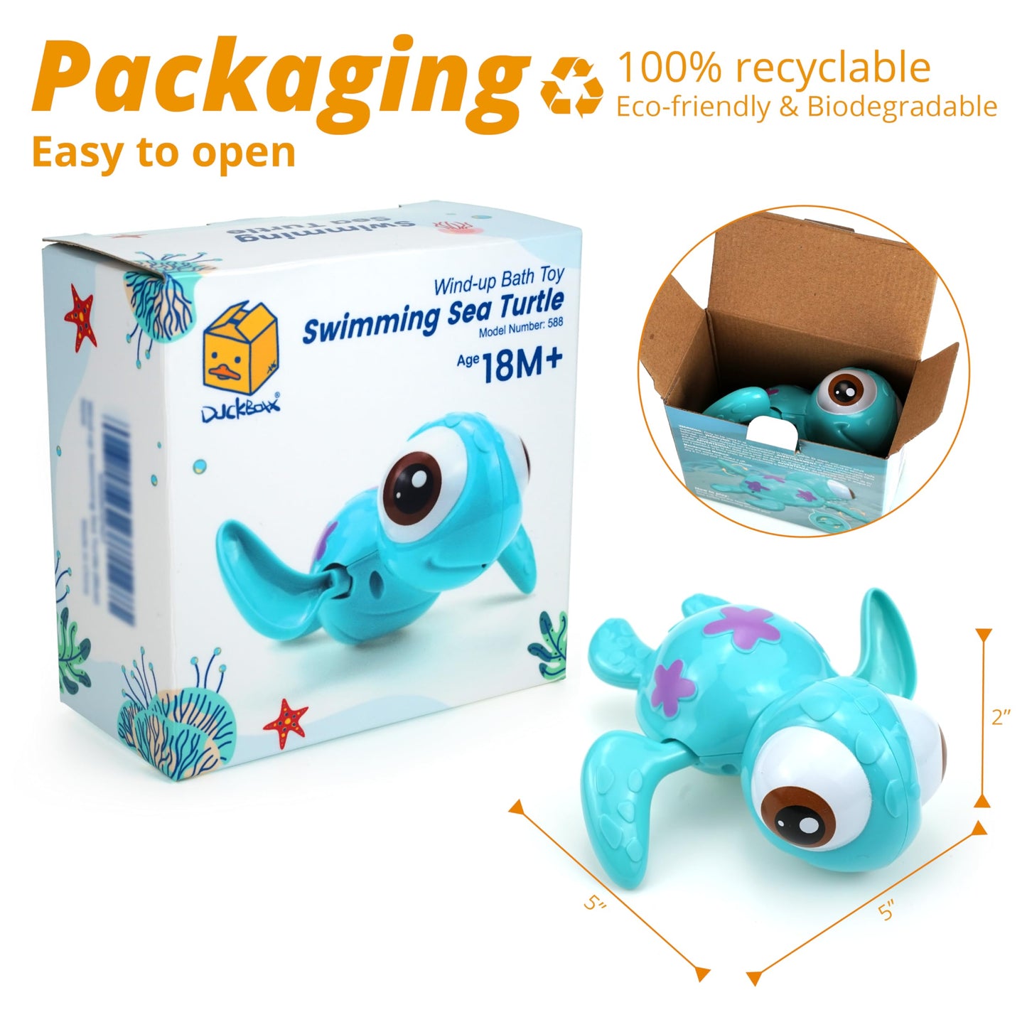 DUCKBOXX XX Wind-up Swimming Sea Turtles Bath Toy, No Battery Mold-Free Anti-Rust Interactive Montessori Toy for Kids 18M+ (Blue)