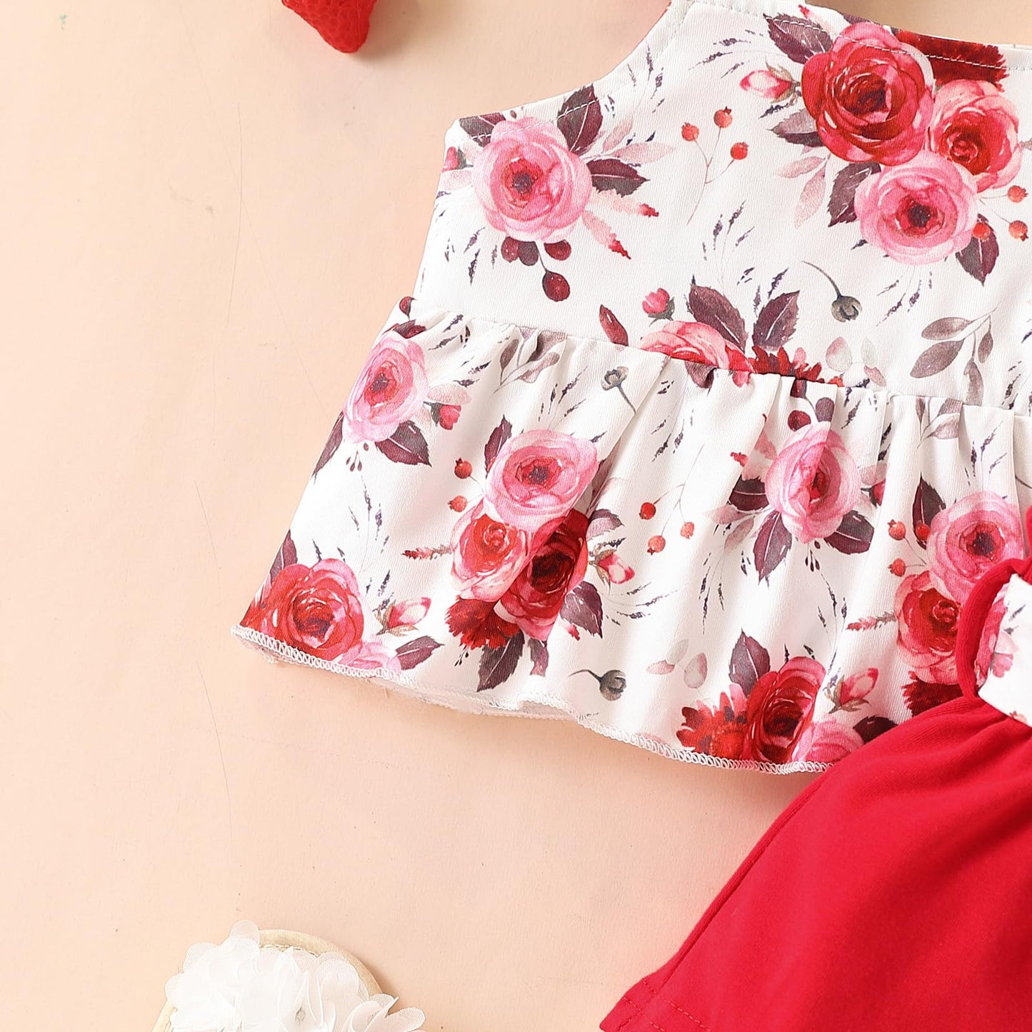 3-18M Newborn Baby Girl Pink Outfits Set Ruffle Sleeve Floral Top + Soild Shorts with Belt