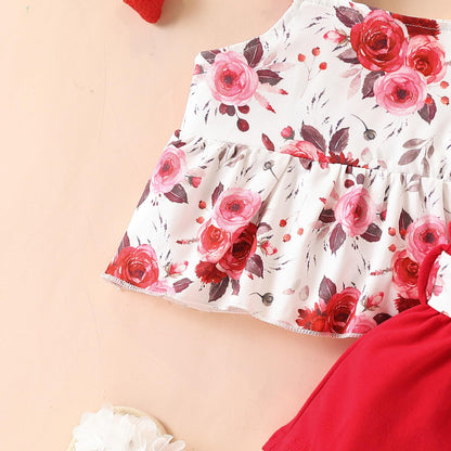 3-18M Newborn Baby Girl Pink Outfits Set Ruffle Sleeve Floral Top + Soild Shorts with Belt