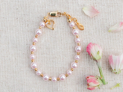 Cherished Moments Children's 14K Gold-plated Bracelet with Pink High-End Simulated Pearls and Cross or Heart Charm for Baptism, Christening or First Communion Gift for Girls