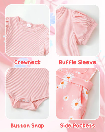 SUNNY PIGGY Toddler Baby Girl Overalls Clothes Toddler Adjustable Suspender Jumpsuit Short Sleeve Outfit Little Girl's Set