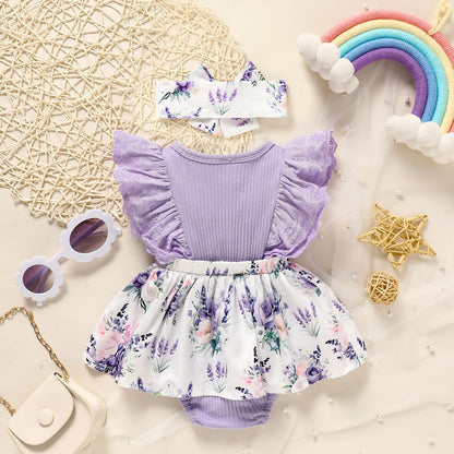 Sinhoon Baby Girl Clothes Newborn Ruffled Sleeveless Romper Floral Dreesy Bodysuit Heaedband 3pcs Baby Girl Summer Clothes