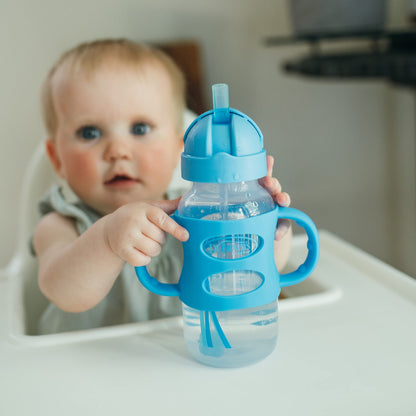 Dr. Brown's Milestones Wide-Neck Sippy Straw Bottle with 100% Silicone Handles and Weighted Straw, 9 oz/270 mL, Gray & Pink, 6m+, 2 Count (Pack of 1)