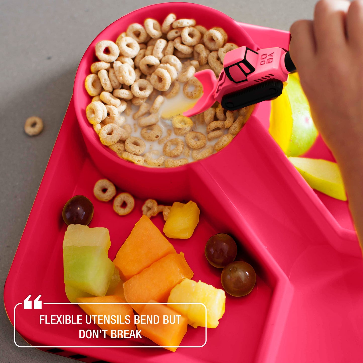Dinneractive Utensil Set for Kids – Construction Themed Toddler Forks and Spoons, Toddler Utensils – 2PC Set – Fuchsia Construction Utensils For Toddlers - Loader & Tractor Toddler Spoons and Forks