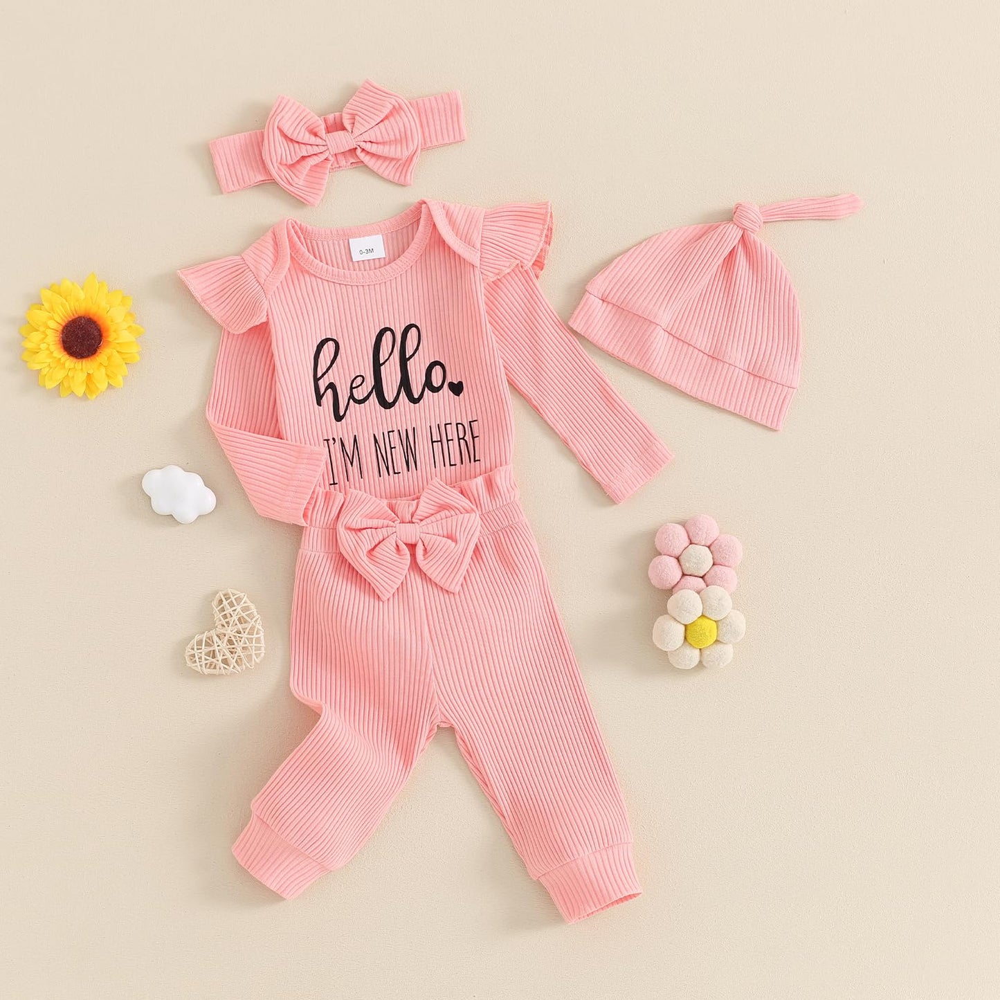 Hello World Newborn Outfit Baby Girl Going Home Outfit Ruffle Ribbed Romper Top Floral Pants Set Cute Summer Clothes