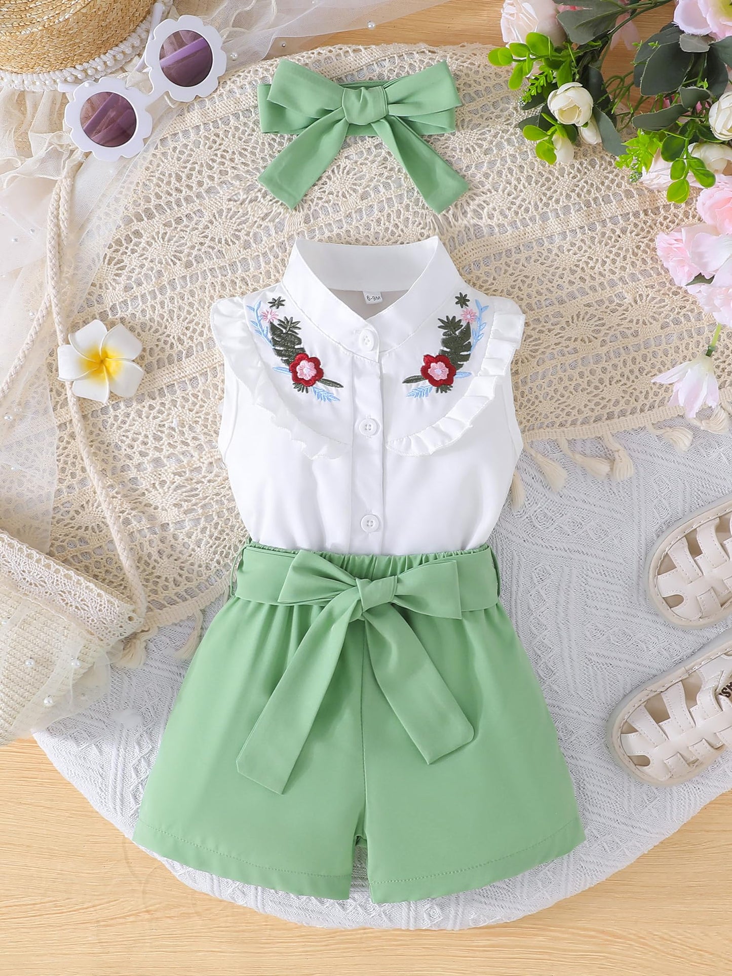 SUREPOCH Baby Girl Clothes Toddler Summer Embroidery Short Shirt Pant Girl Outfit Sleeveless Top Clothes Set
