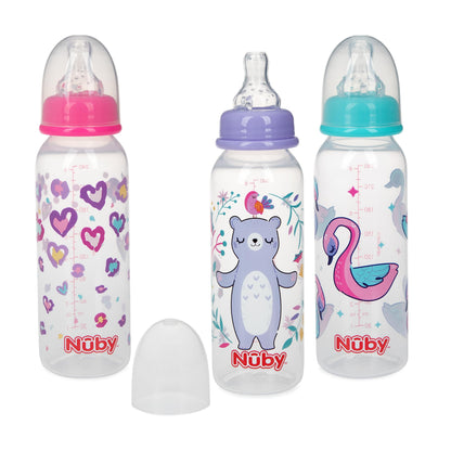 Nuby Printed Non-Drip 8oz Bottle, 3 Pack - Pink, Purple, Aqua